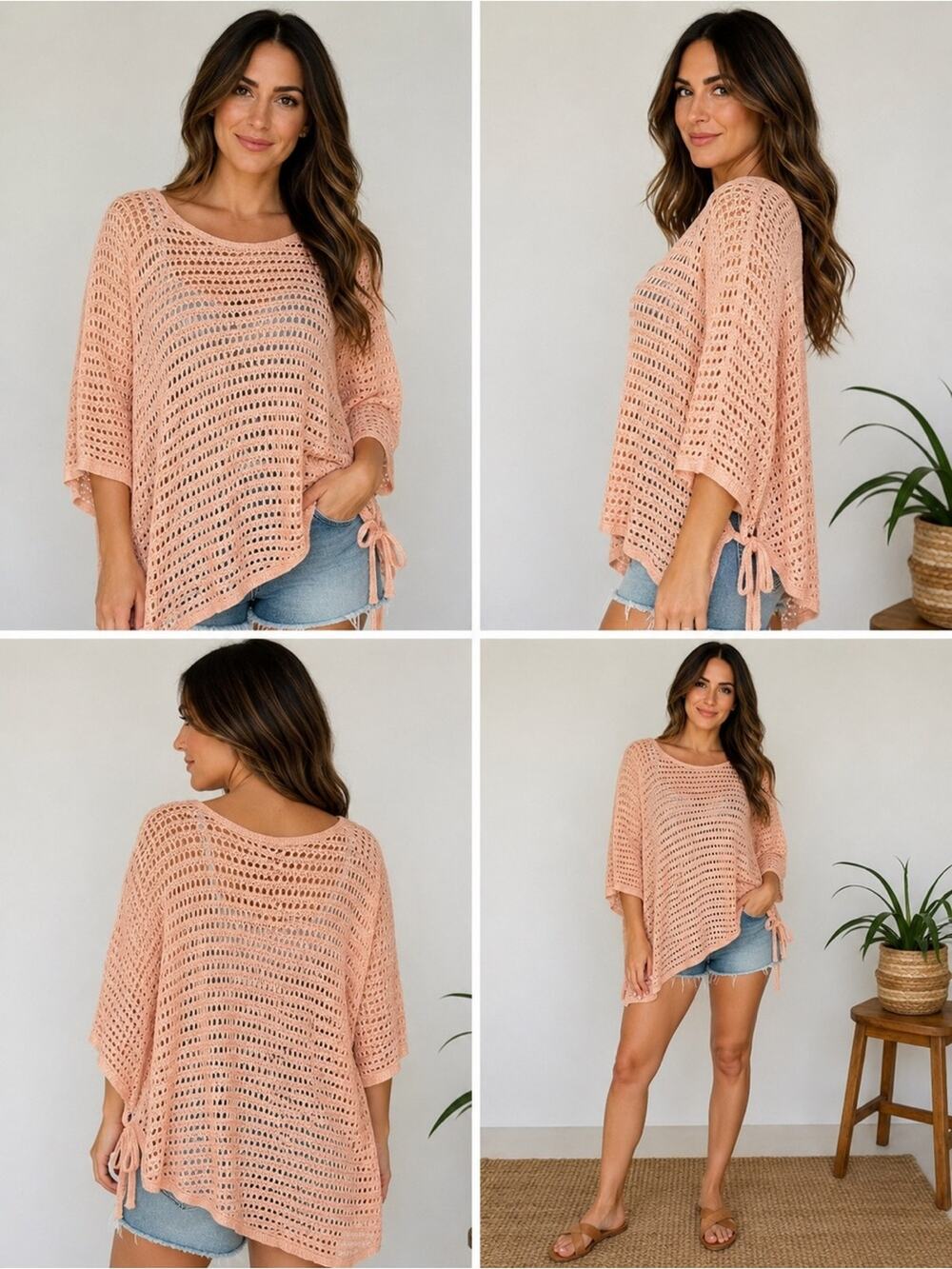 Eileen Fisher Knit Poncho Organic Linen Light Pink Asymmetrical Bow Size M/L